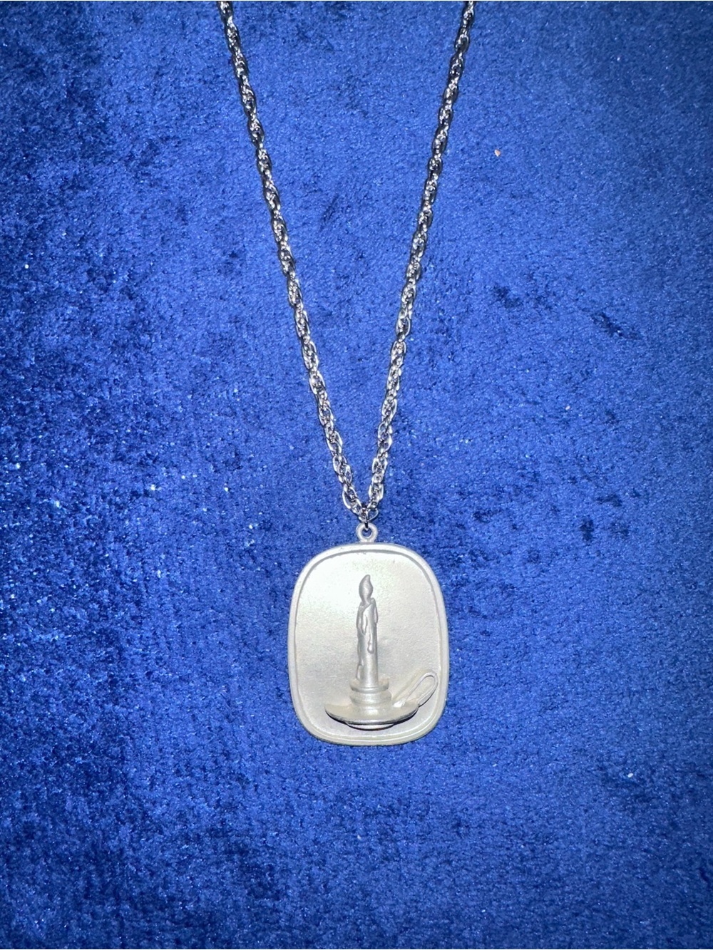 Vintage Pewter 24” Chain Necklace Rectangular Pendant Engraved Candle Holder